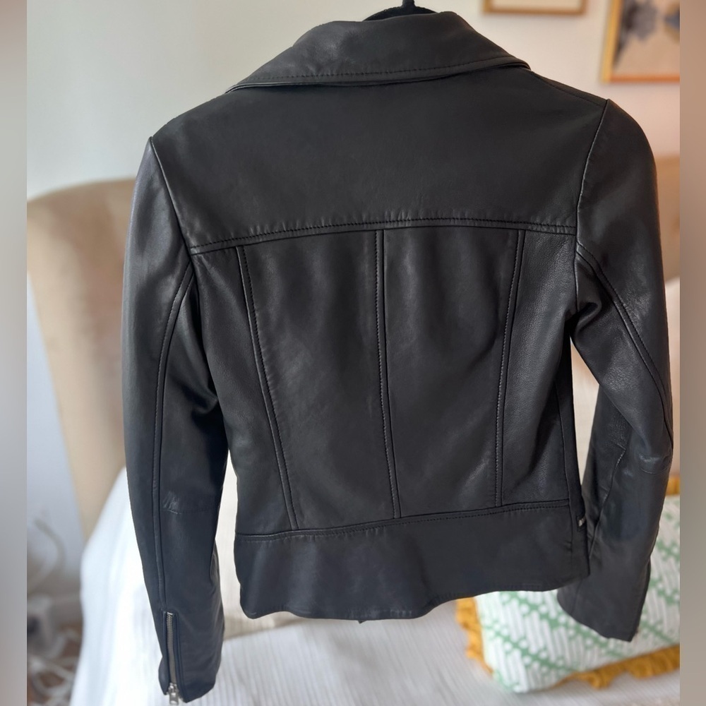 AllSaints Bales Leather Biker Jacket Black Lamb Leather Asymmetric Zip – US 0 - Picture 5 of 10